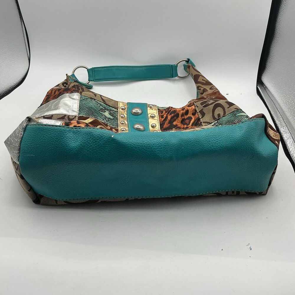 Patchwork Animal Print Shoulder Bag Turquoise Studded Y2K Hobo Purse Boho - Picture 7 of 9